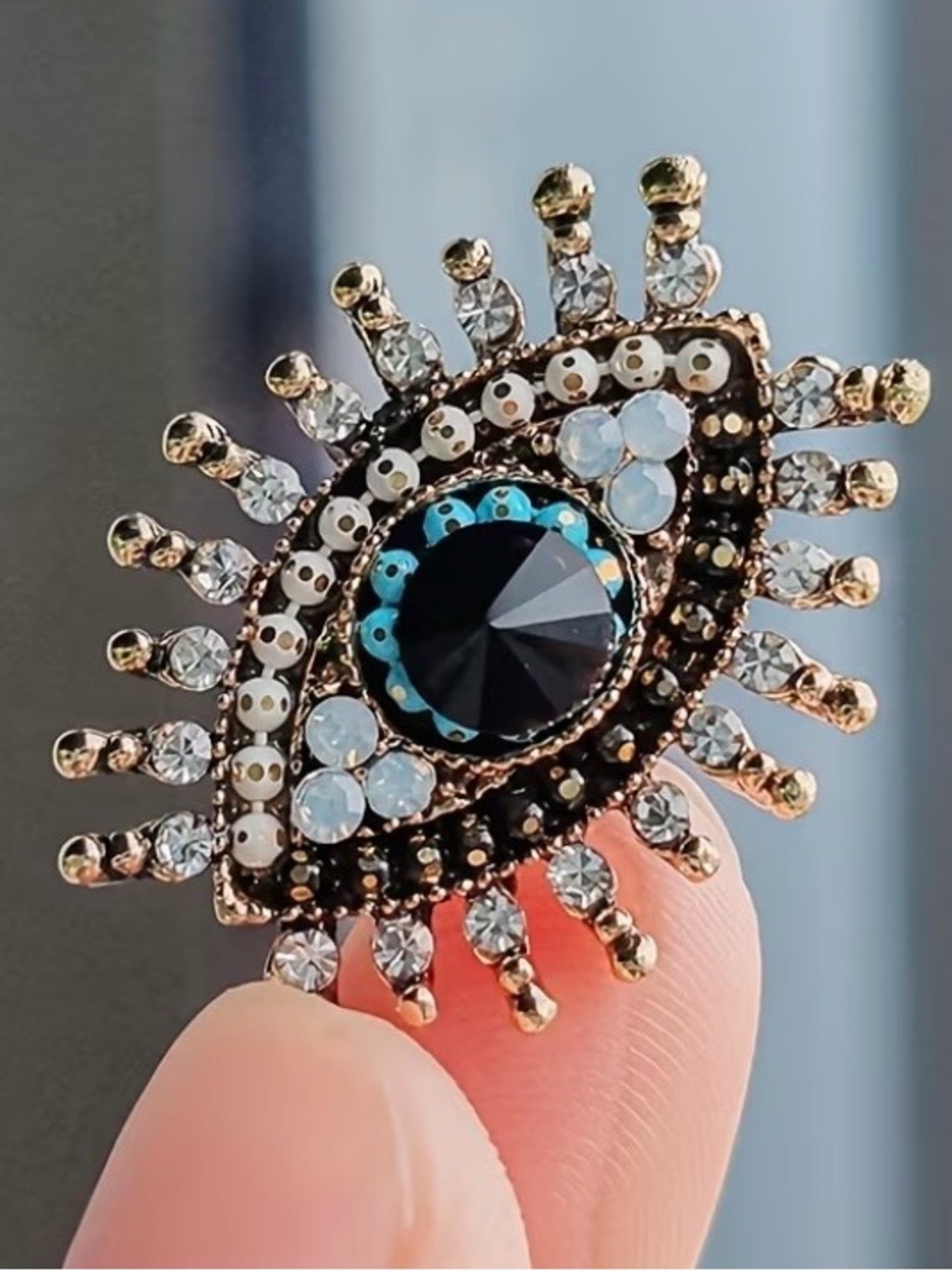 Gold-Tone Evil Eye Statement Brooch with Black and Turquoise Vintage Style